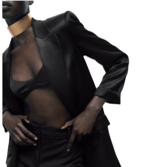 New Zara Black Satin Long Line Blazer With Turn-up Cuffs Size Large - Picture 4 of 16